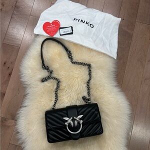 Pinko Black Quilted Leather Shoulder Bag with Silver Hardware